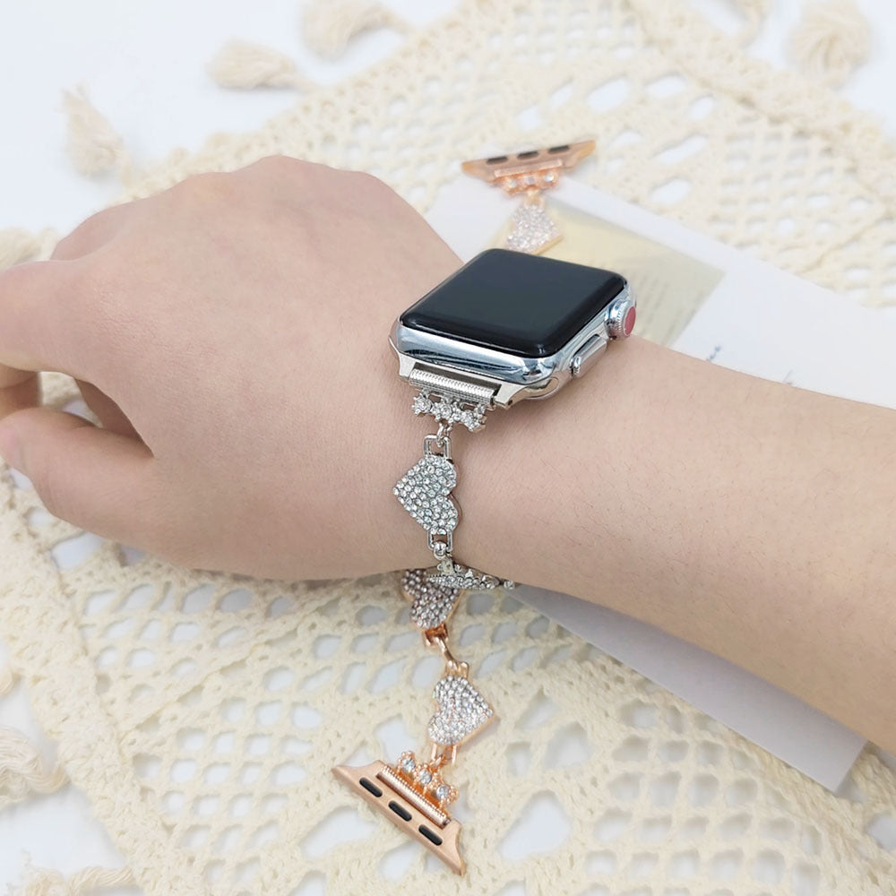 Heart-Shaped Diamond Metal Strap Compatible with Apple Watch (38mm–49mm)