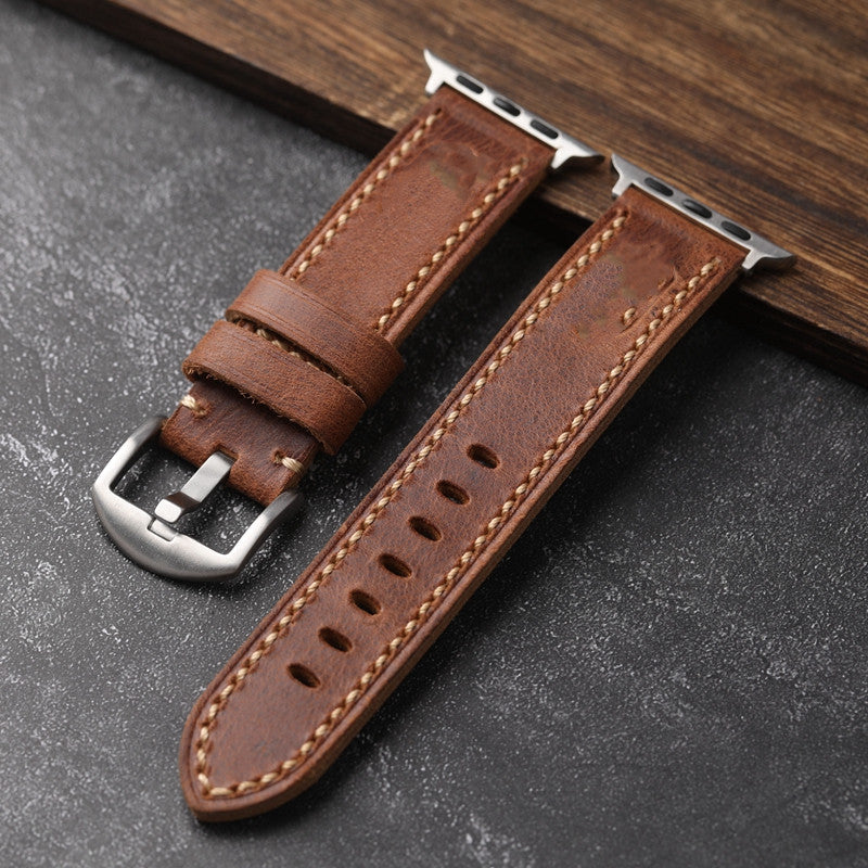 Light Brown Leather Strap for 41–45mm Models with Steel Buckle – Handmade Vintage Cowhide Watch Band