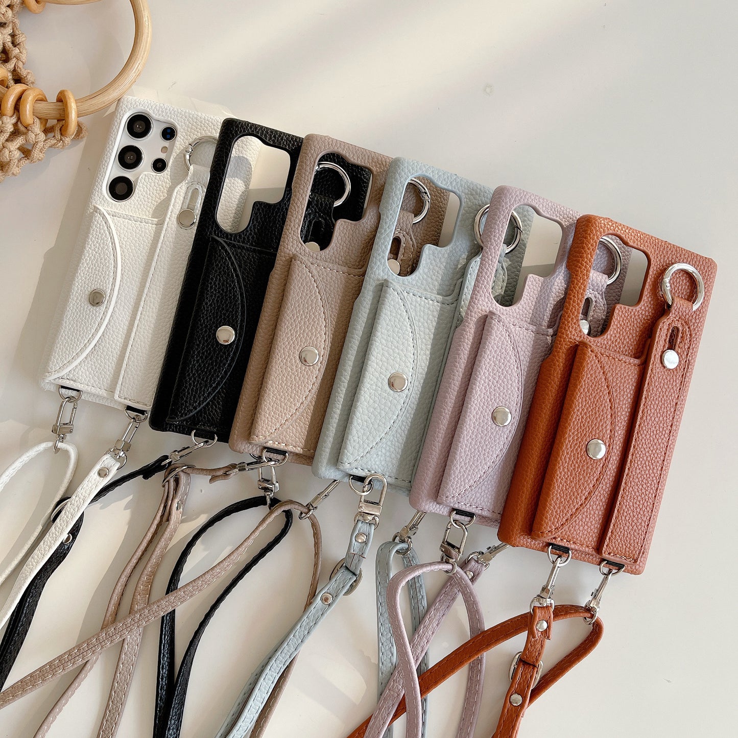 Litchi Pattern Crossbody Phone Case with Wrist Strap & Card Holder | Phone Strap Holder for Samsung S23 Ultra