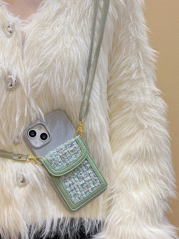 Cell phone strap compatible leather phone case with houndstooth design