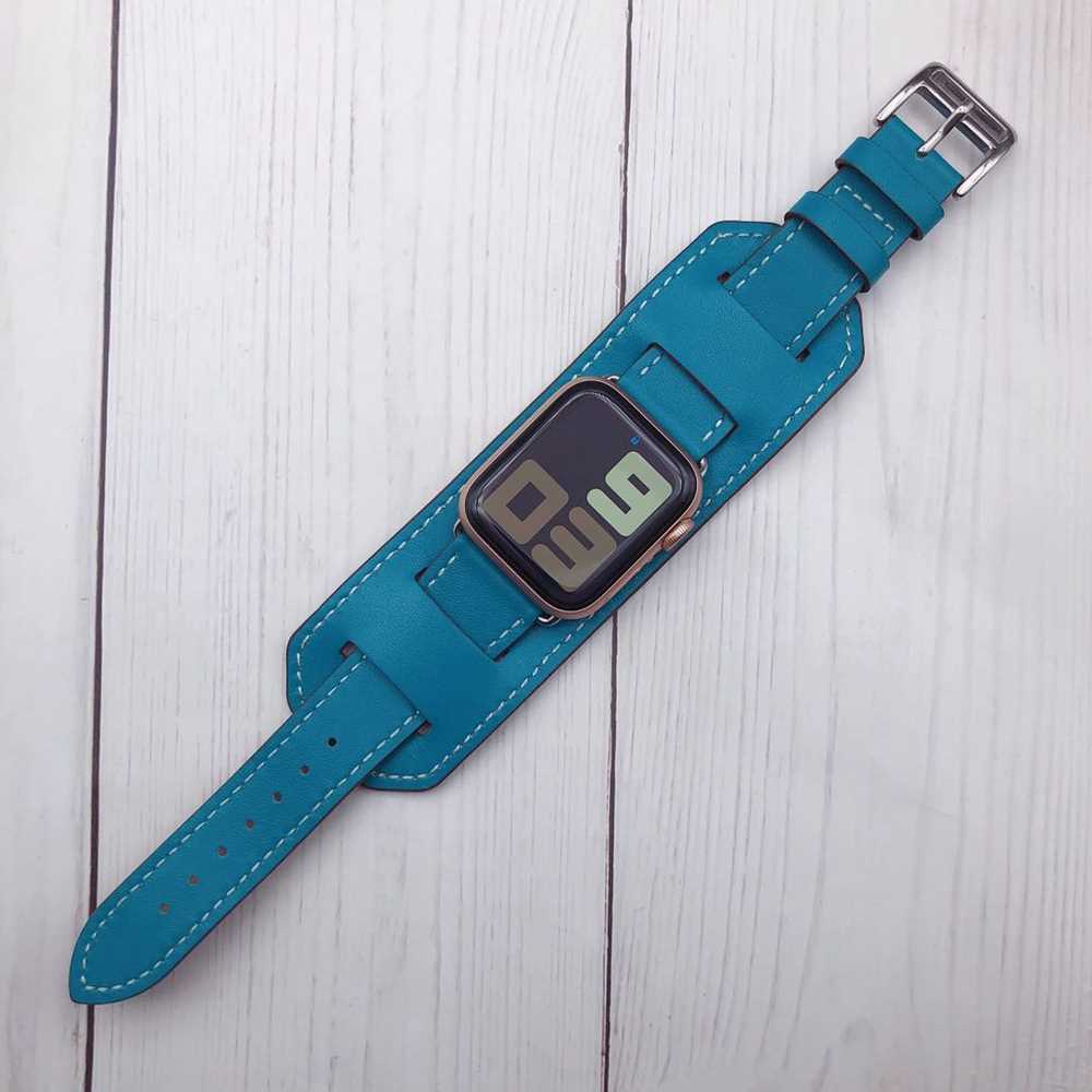 Multi-color options for leather cuff watch band including red, blue, black