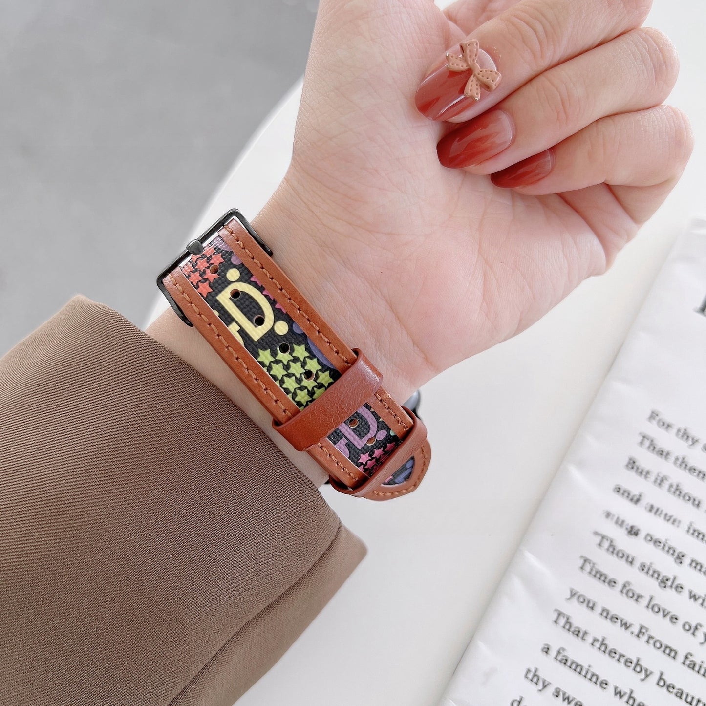 Designer-inspired leather watch strap with unique knitted hollow detail