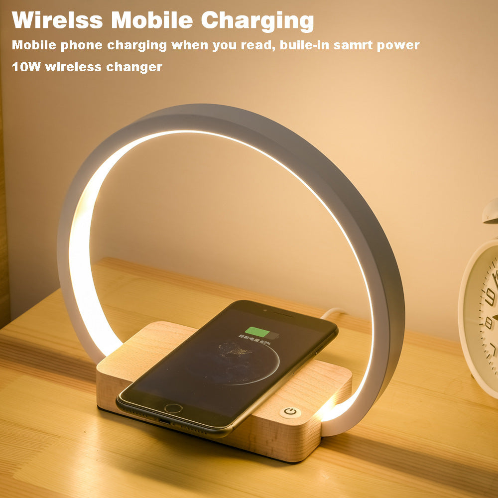 Wooden LED desk lamp with USB port and wireless charging