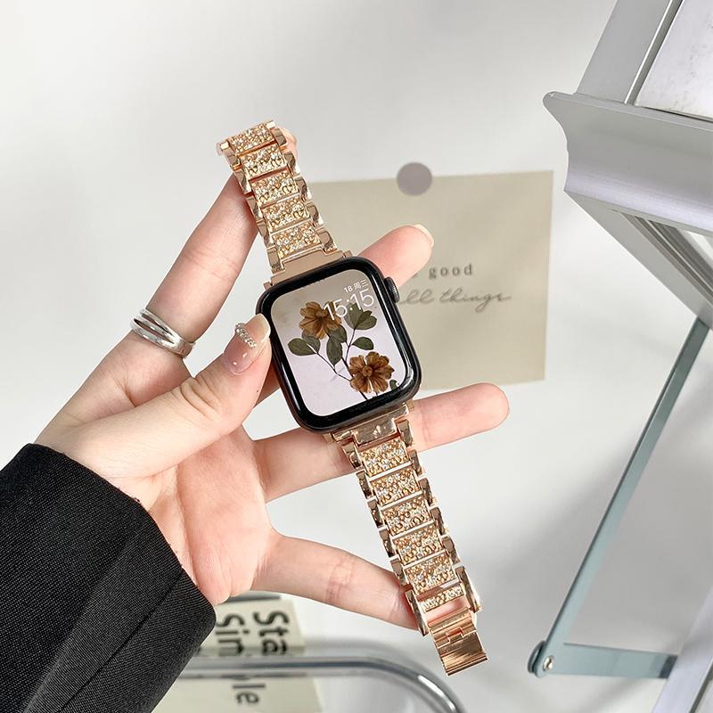 Alloy watch strap with decorative diamond accents