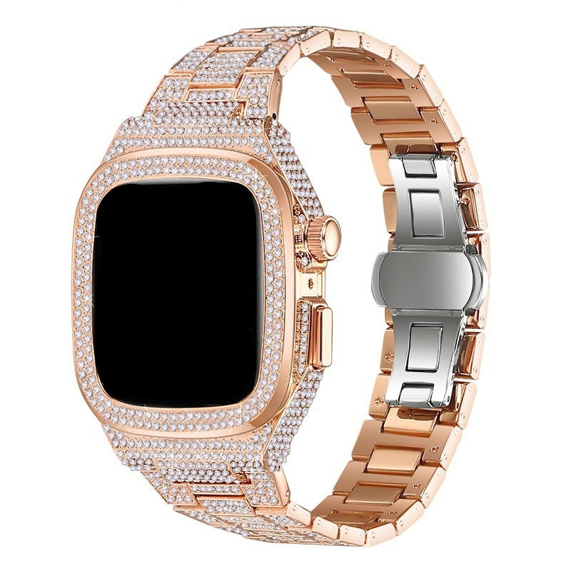 Diamond embedded metal strap for smartwatch 44mm 45mm in silver and rose gold