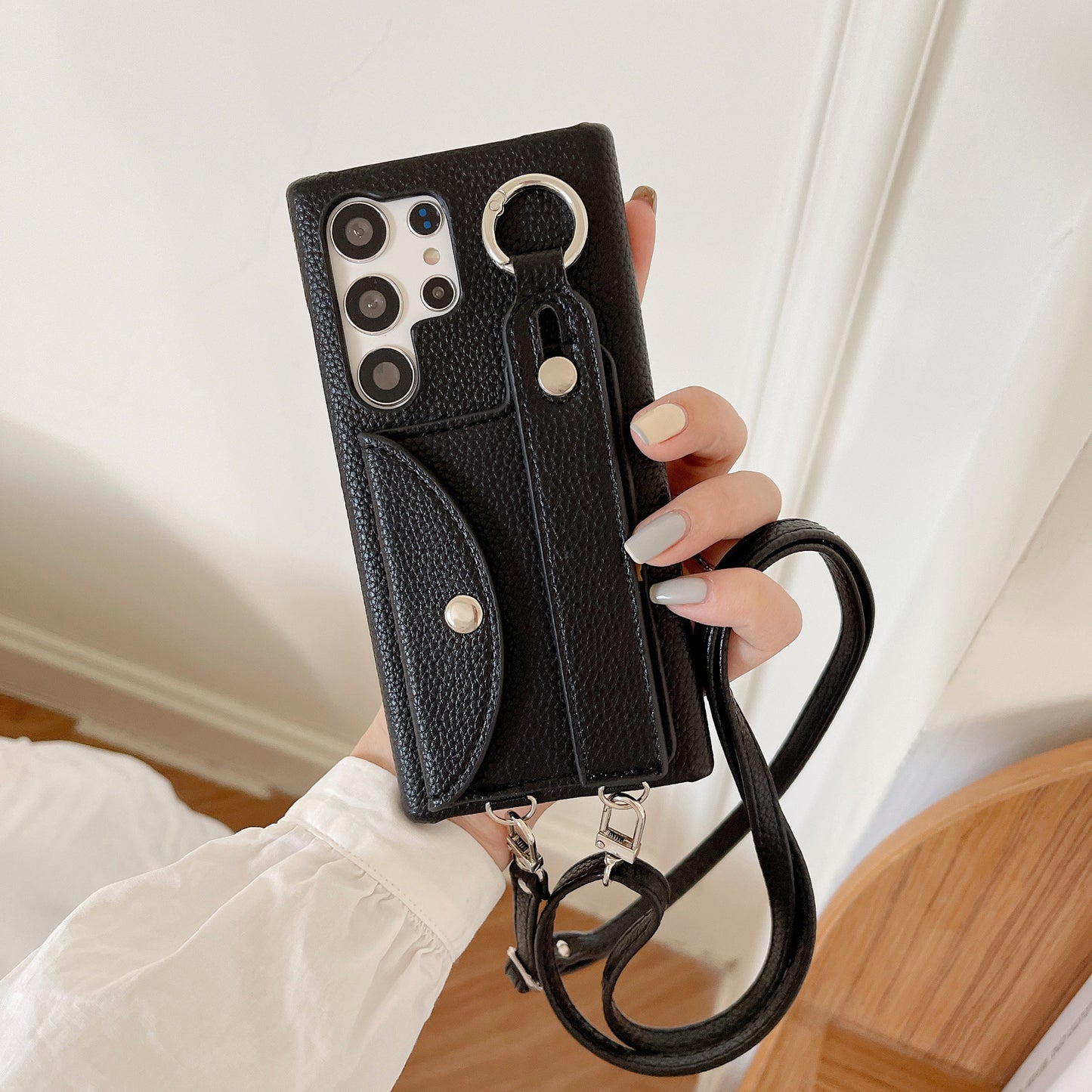 Litchi Pattern Crossbody Phone Case with Wrist Strap & Card Holder | Phone Strap Holder for Samsung S23 Ultra