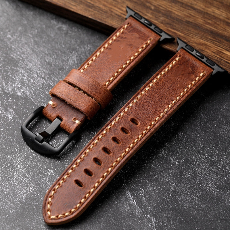 Light Brown Leather Strap for 41–45mm Models with Steel Buckle – Handmade Vintage Cowhide Watch Band