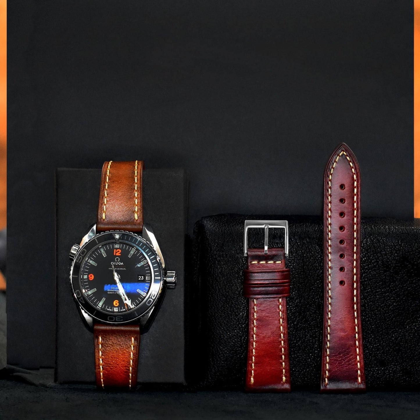Minimalist leather watch strap with black button closure
