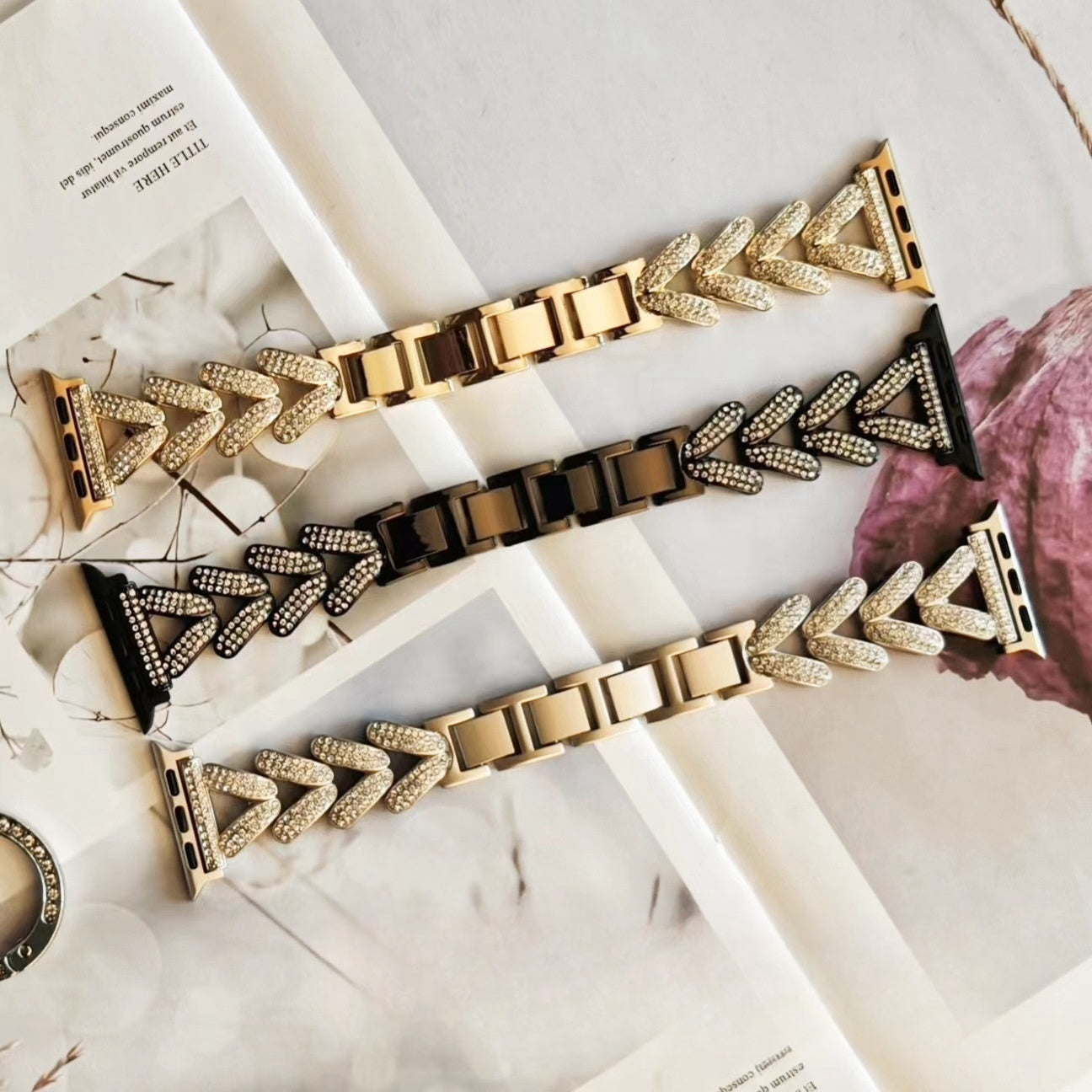 Luxury metal watch strap with diamond-style accents