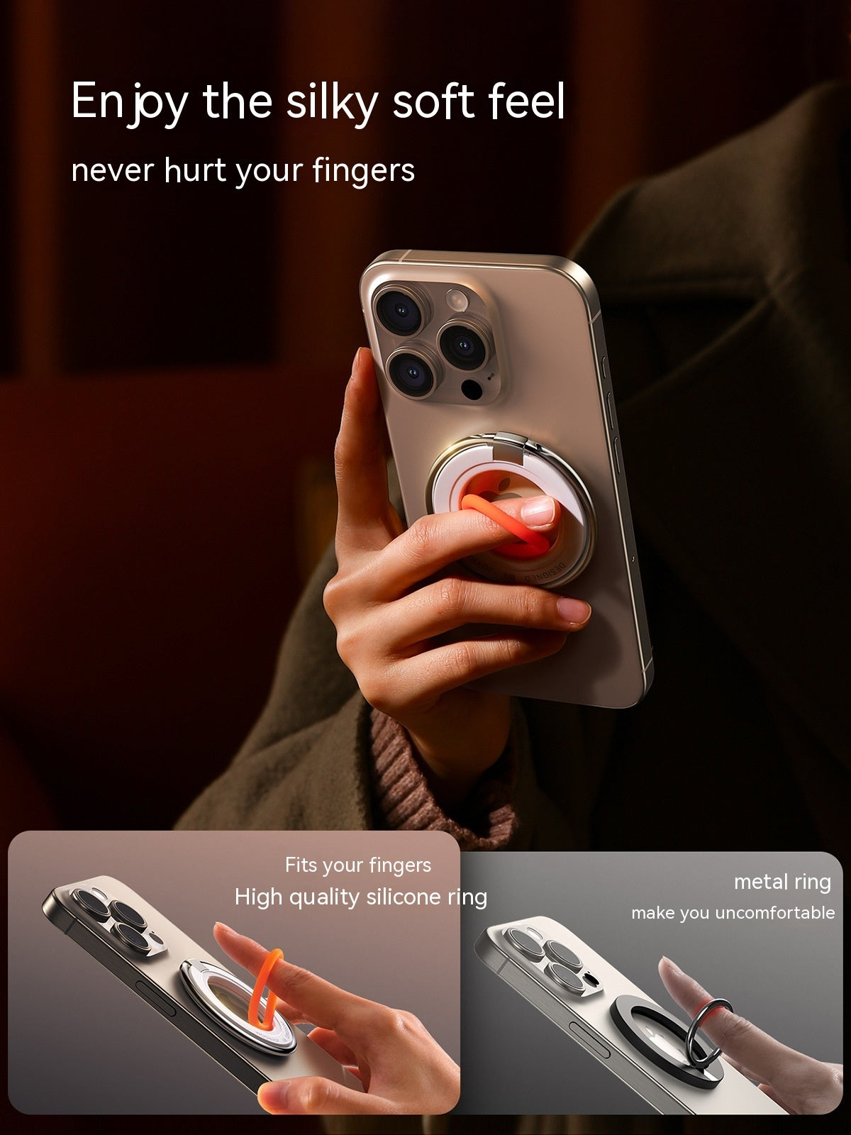 MagSafe-compatible phone ring holder for secure mounting and hands-free use