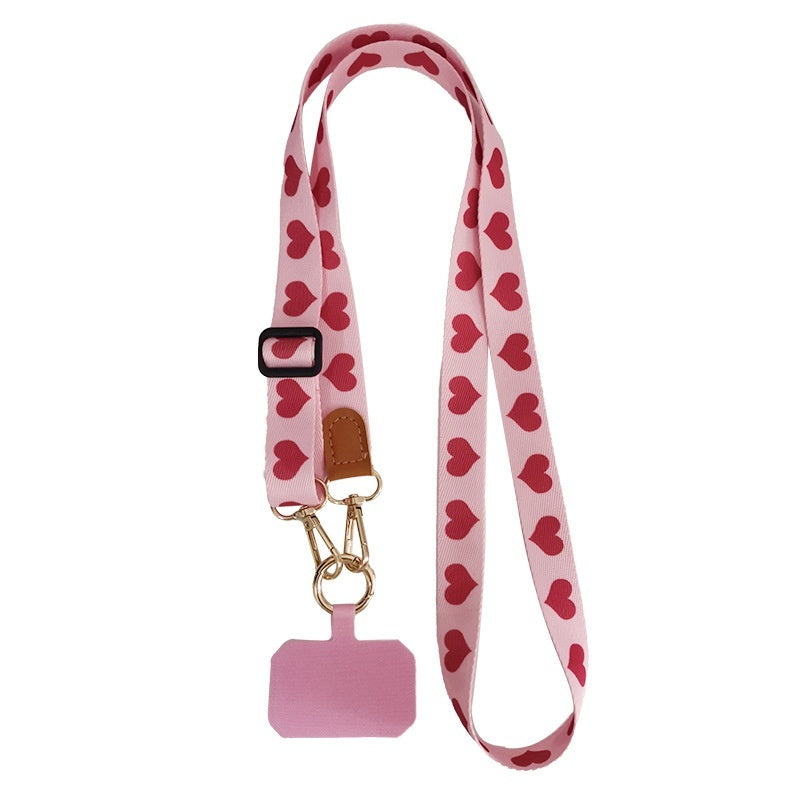 Phone strap holder with detachable rope, pink clip, and gold buckle