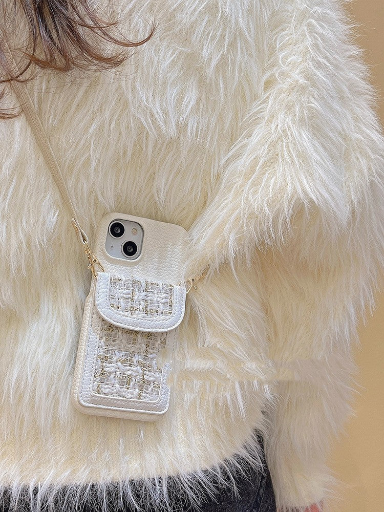 Phone strap holder leather case with card pocket