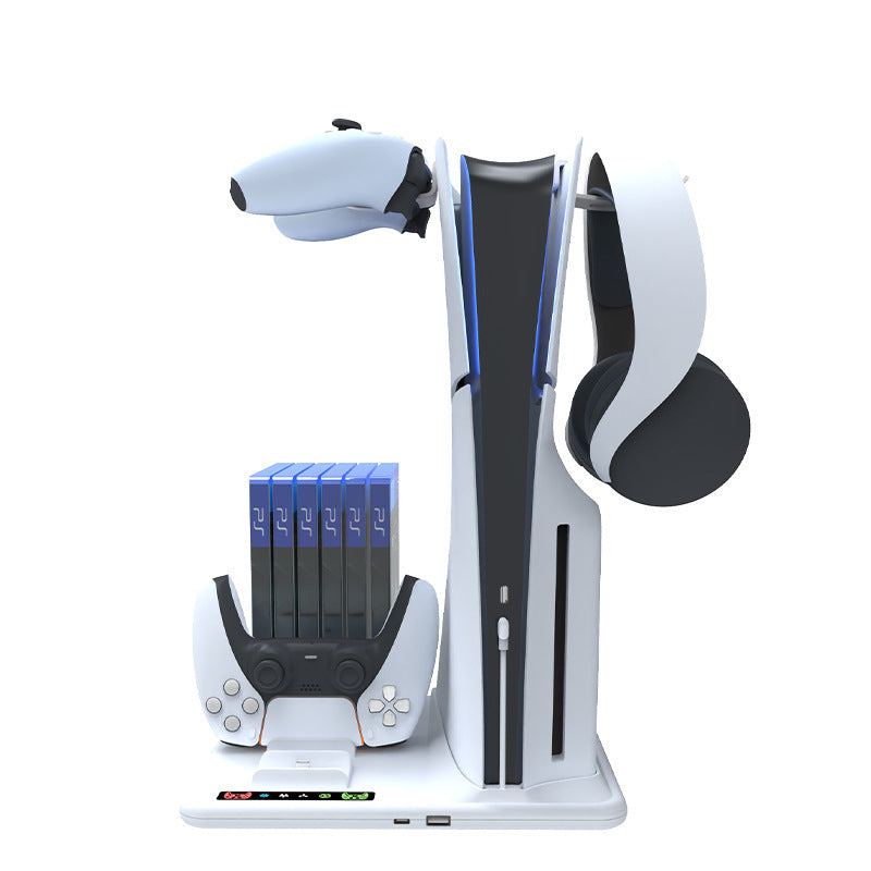 Front view of multifunctional PS5 Slim controller stand with cooling fans and dual charging dock