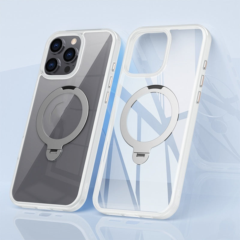 Slim iPhone case featuring a built-in rotating stand and magnetic ring