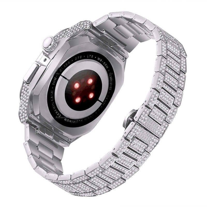 Luxury smartwatch strap with diamond inlay, stainless steel design
