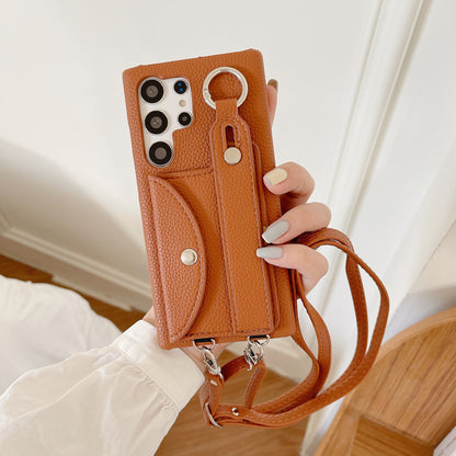 Litchi Pattern Crossbody Phone Case with Wrist Strap & Card Holder | Phone Strap Holder for Samsung S23 Ultra