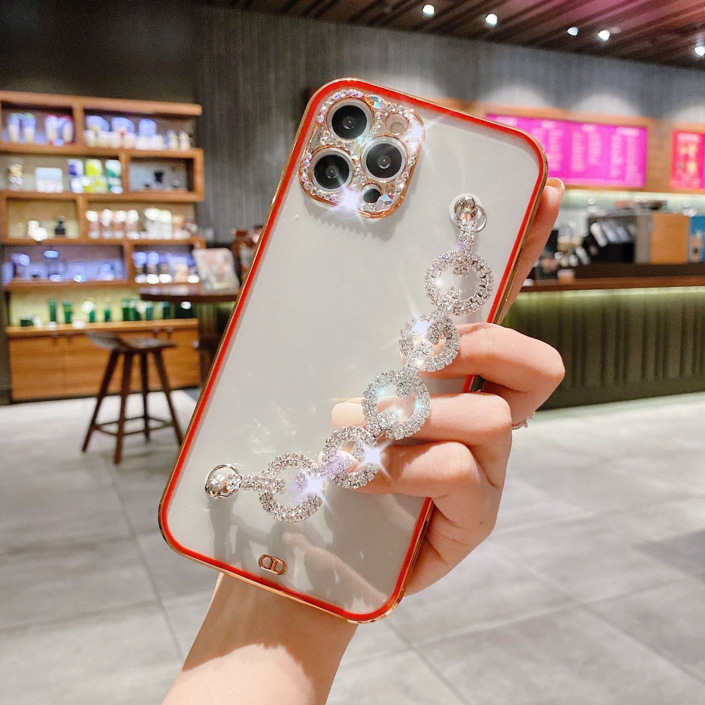 Electroplated TPU iPhone Case with Chain Wrist Strap – Phone Strap Holder & Crossbody Cell Phone Strap