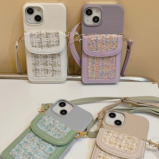 Lychee Pattern Leather Phone Case with Houndstooth Card Holder – Protective Shell for iPhone