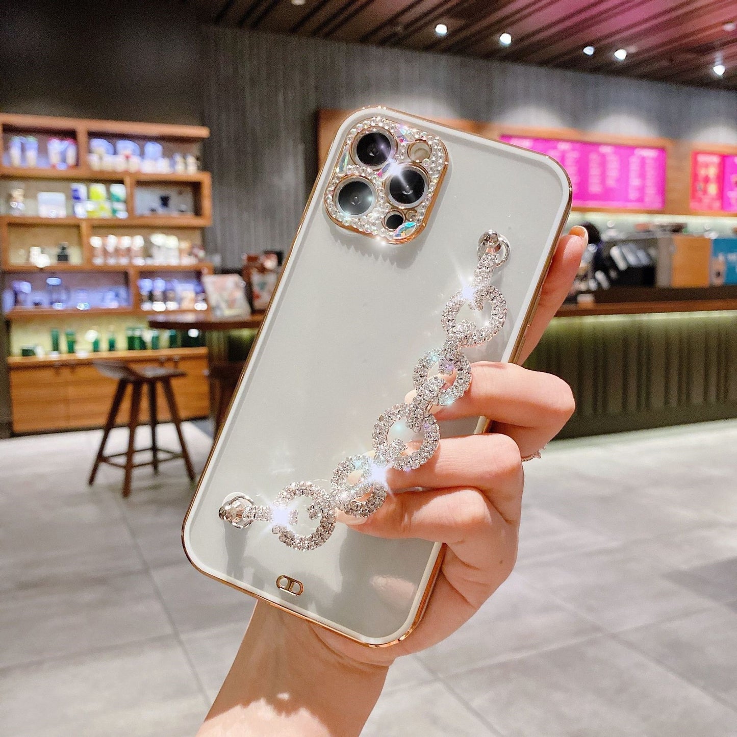 Electroplated TPU iPhone Case with Chain Wrist Strap – Phone Strap Holder & Crossbody Cell Phone Strap