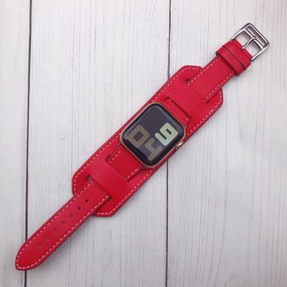 Apple-compatible leather band with structured cuff design for comfort and fashion