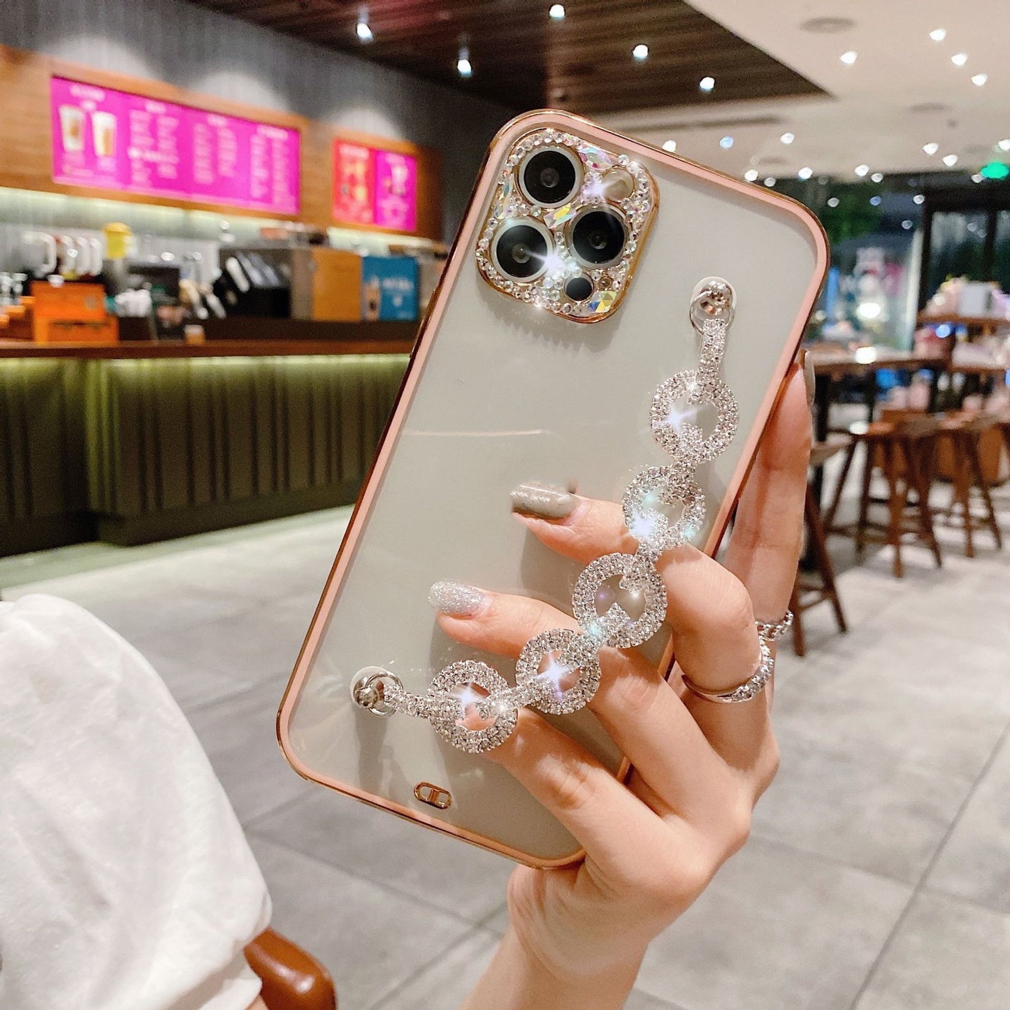 Electroplated TPU iPhone Case with Chain Wrist Strap – Phone Strap Holder & Crossbody Cell Phone Strap