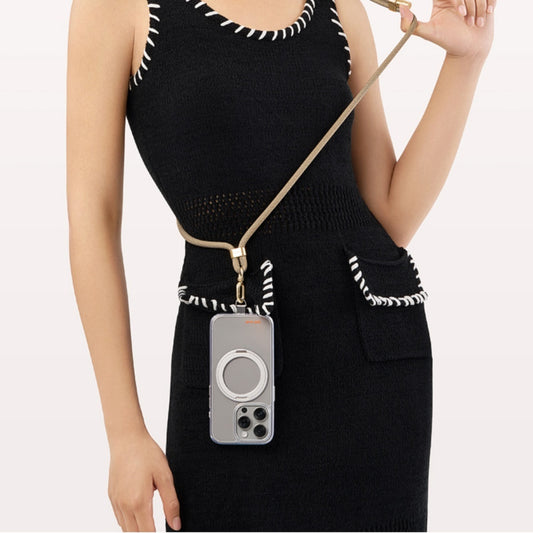 Crossbody phone lanyard made of woven polyester with zinc alloy hardware