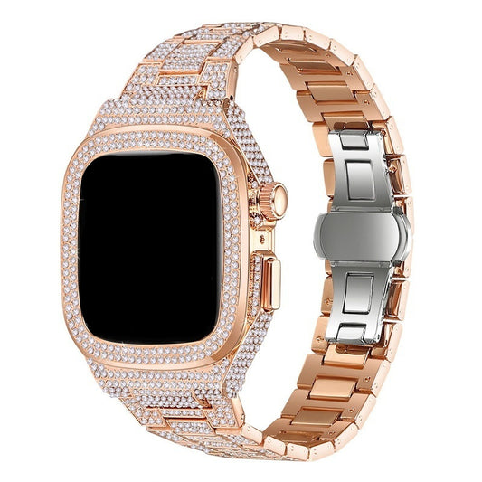 Diamond embedded metal strap for smartwatch 44mm 45mm in silver and rose gold