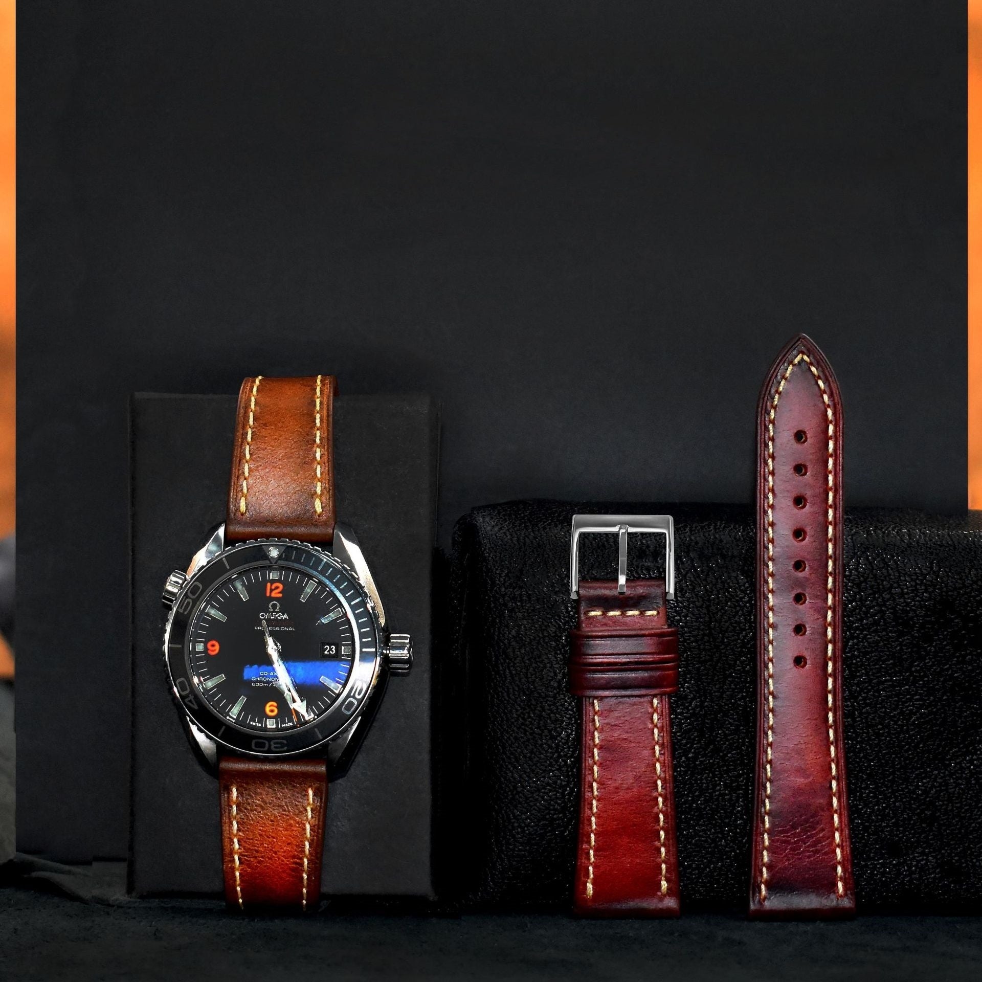 Minimalist leather watch strap with black button closure