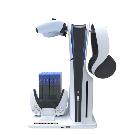 Front view of multifunctional PS5 Slim controller stand with cooling fans and dual charging dock