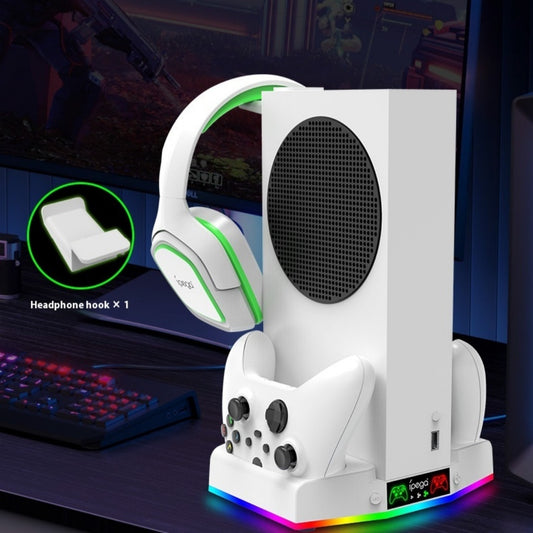 Front view of Xbox Series S multifunctional cooling stand with ambient lighting and charging dock